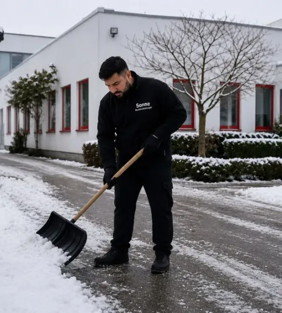 Mitarbeiter von Sonne Baudienstleistungen beim Schneeräumen vor einem Gewerbegebäude im Winter